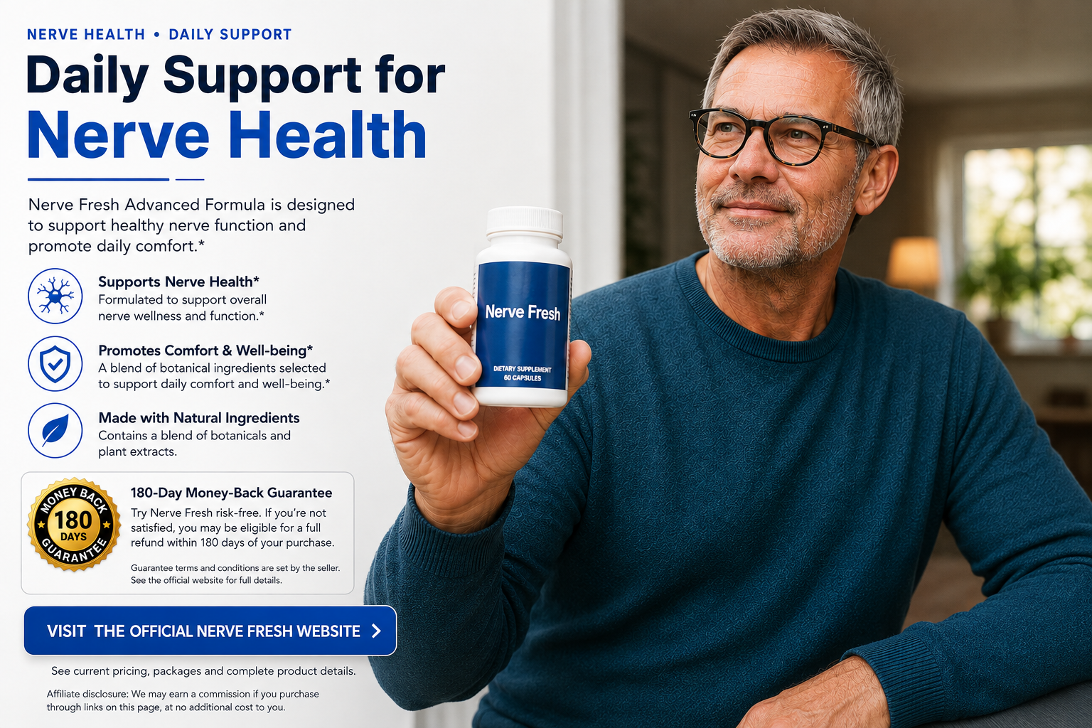 Marketing artwork supplied by the seller showing a mature man holding a bottle of Nerve Fresh dietary supplement